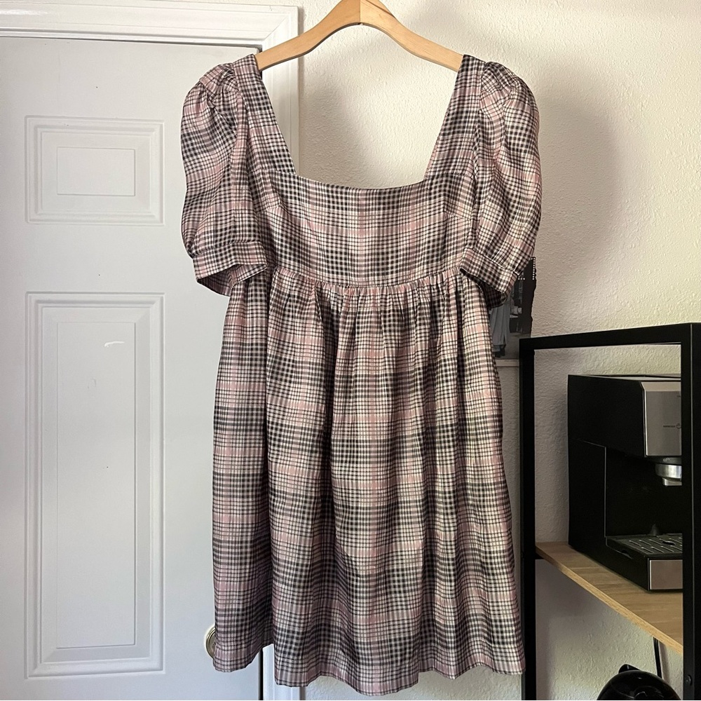 NWT EN SAISON pink black plaid puff short sleeve babydoll mini dress